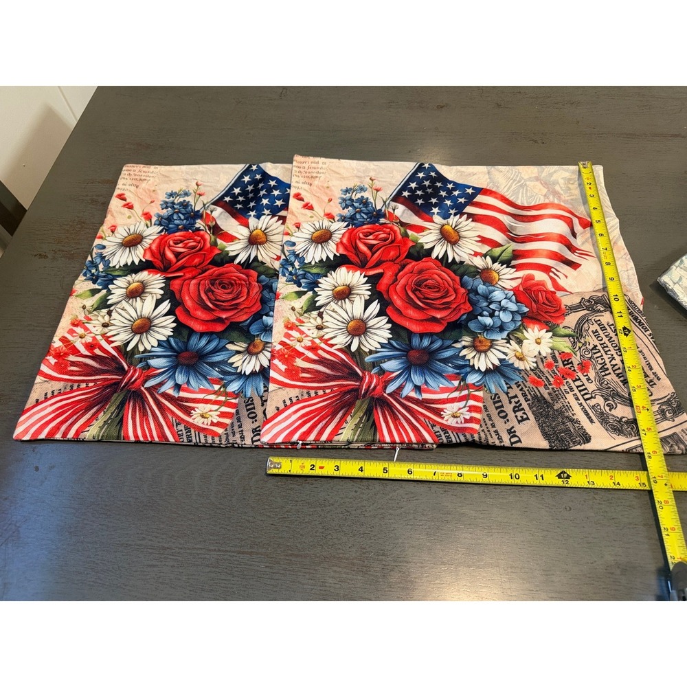 Set of 2 Americana Patriotic Floral Throw Pillow Covers 18x18 Roses Flag Decor